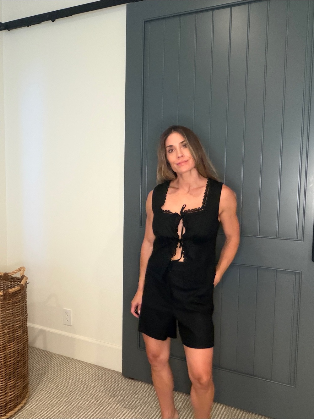 House of Harlow 1960 Black Lace-Trim Camisole Set Top and Shorts - Front Tie